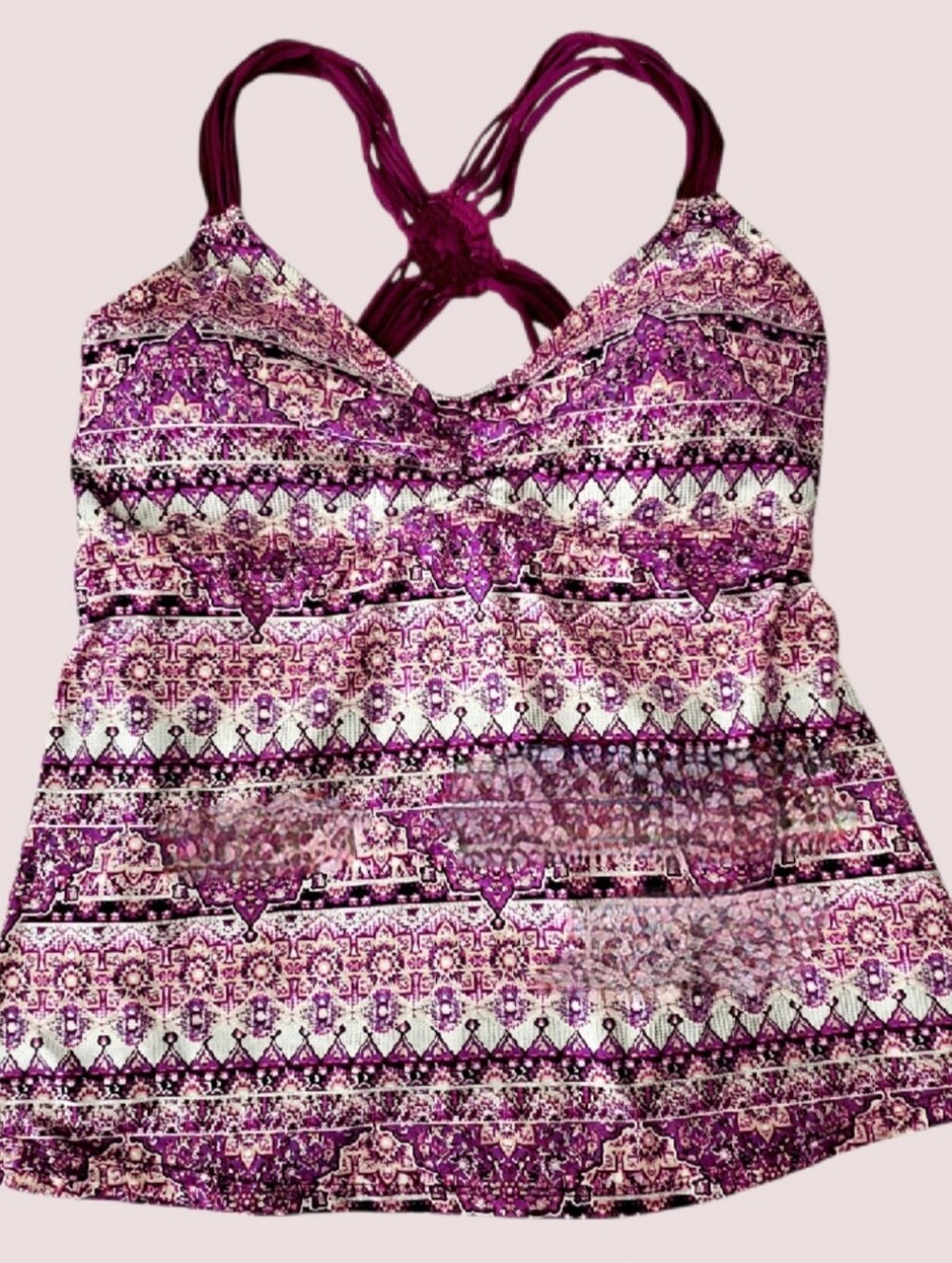 Ambrielle Boho V-Neck Strappy Tankini Swim Top in Burgundy Print